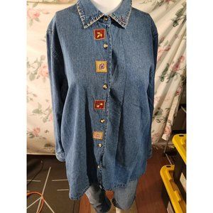 At Last Classics Blue Denim Button Up Long Sleeve Embroidered Shirt Sz M Cotton